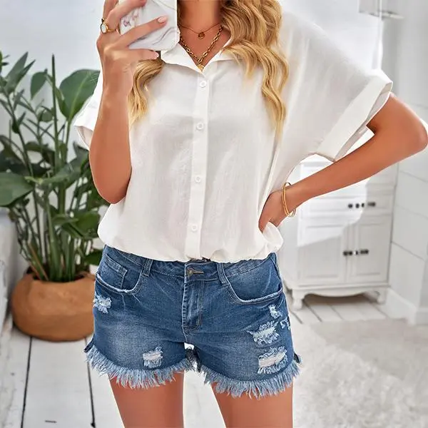 Women's Casual Mid Rise Denim Shorts Stretch Ripped Raw Hem Jean Shorts Basic Fitted Bottom for Summer