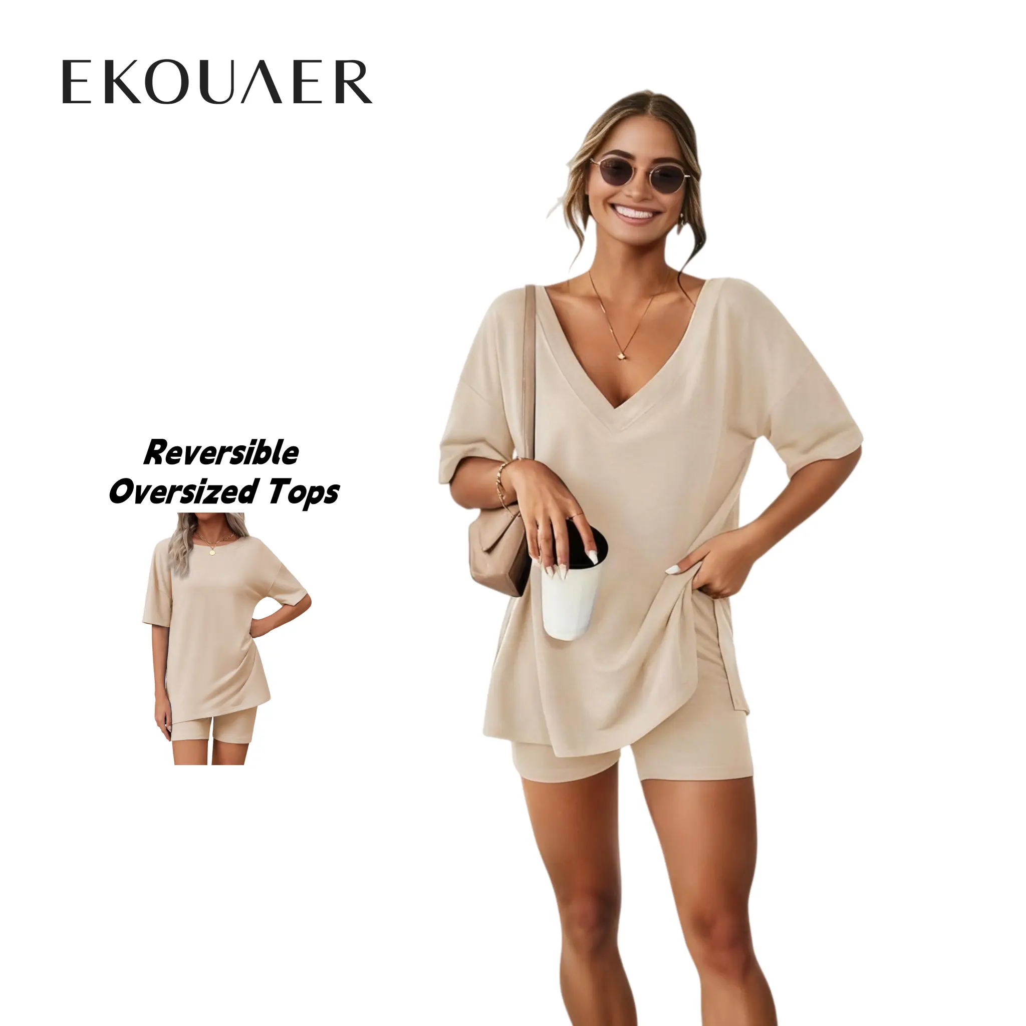 V-neck Two-Piece Pajama Set For Women Summer Casual Oversized Split Hem Shirts & Biker Shorts