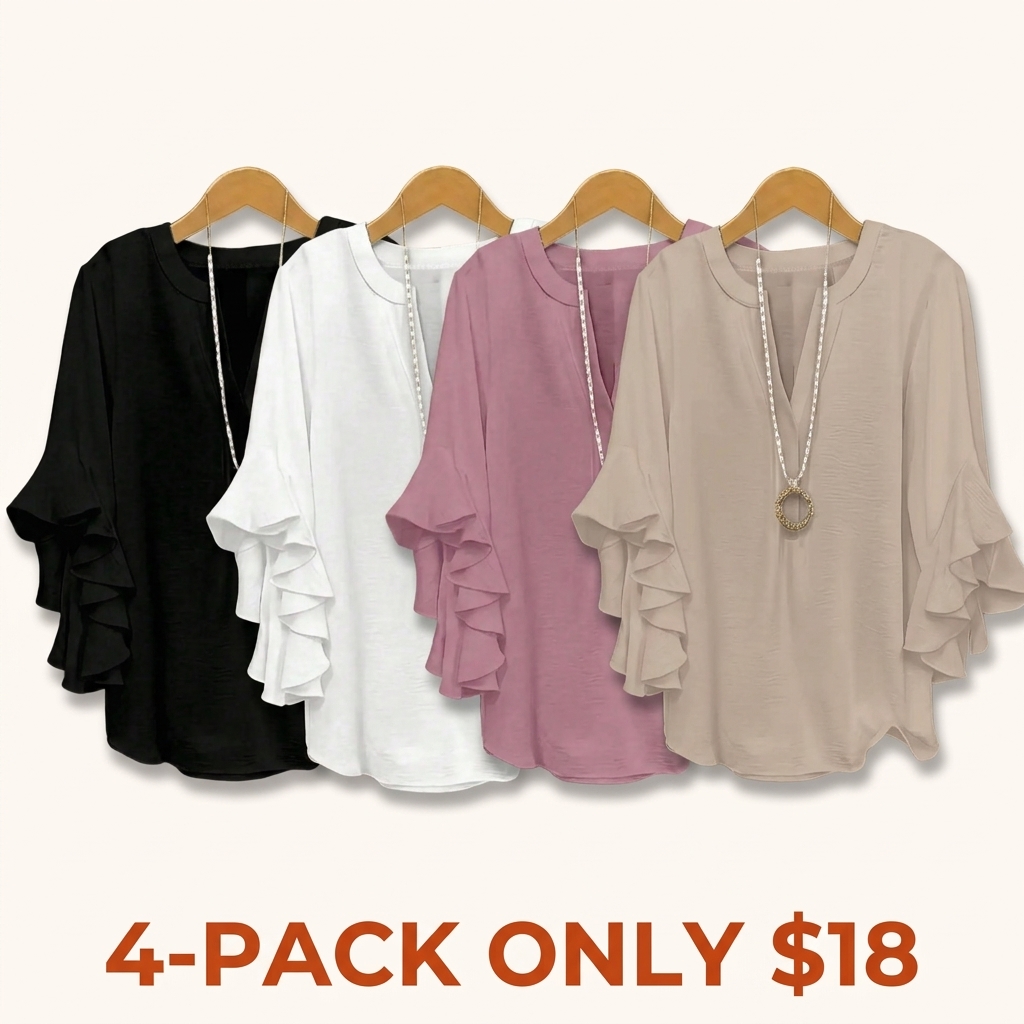 Plus-Size Women's Slim-Fit Shirt with Ruffled Sleeves and V-Neck