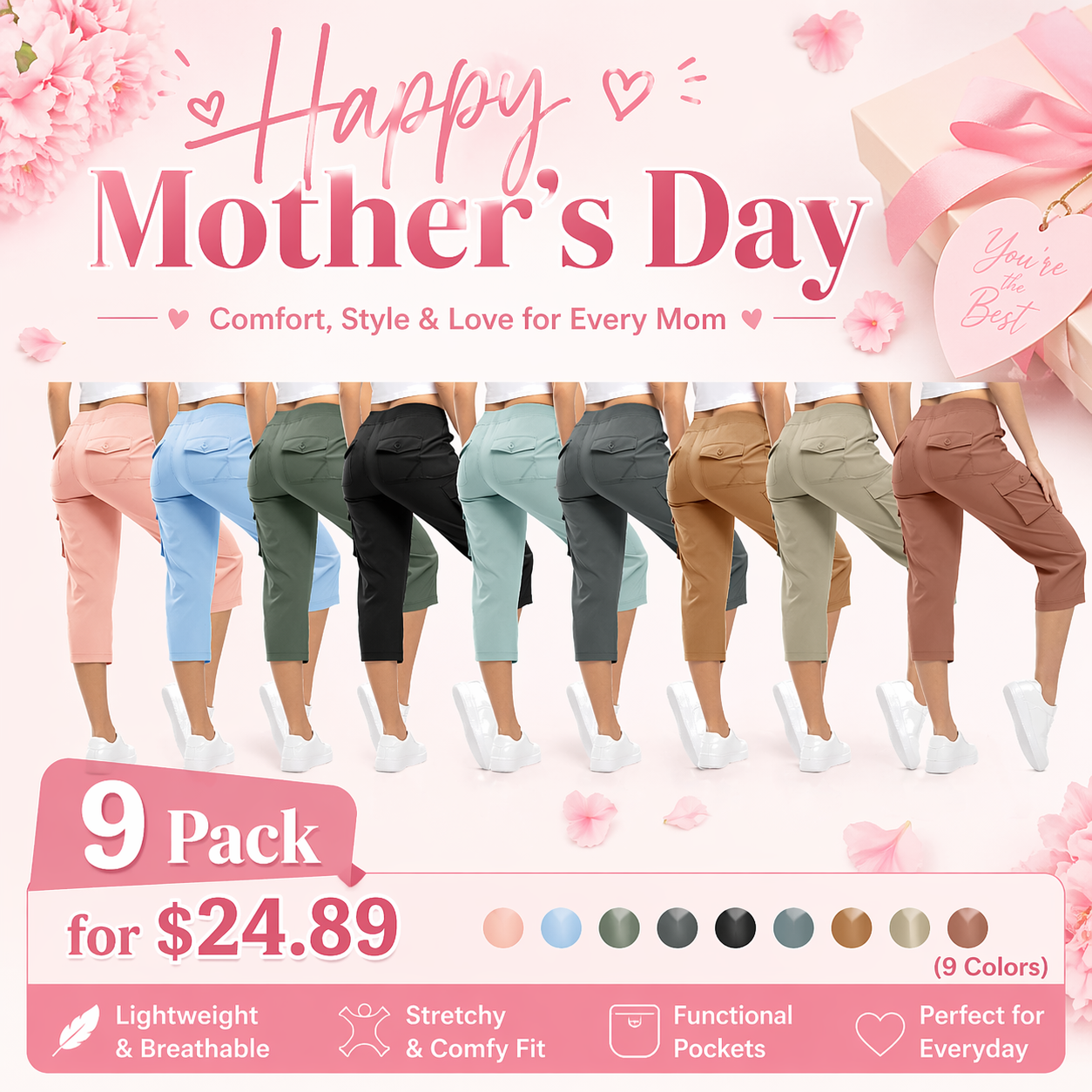 Mother's Day Sale💕Womens Cargo Capris Lightweight Hiking Pants 6 Pockets