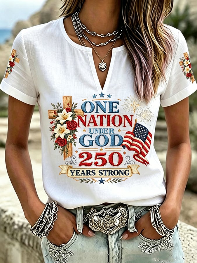 Women's America 250 Years Strong One Nation Under God Print Casual T-shirt
