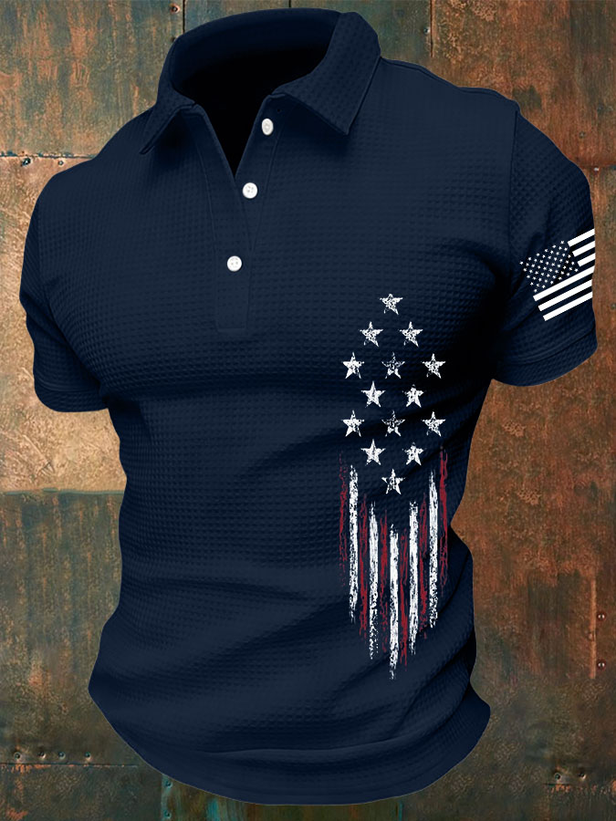 Men'S American Flag Independence Day Print Waffle Polo Shirt