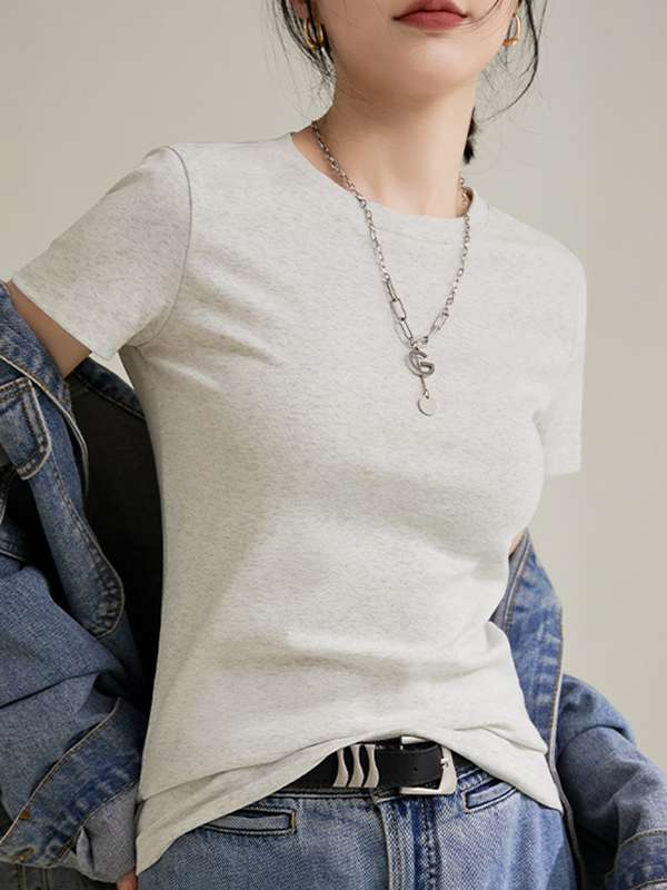 Solid Color Short Sleeves Skinny Round-Neck T-Shirts Tops