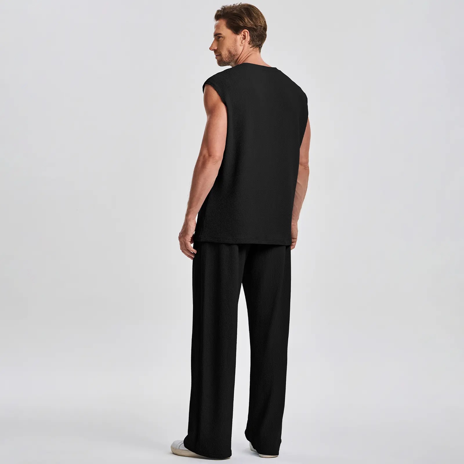 Men's Rib Knit 2 Piece Outfit Sleeveless Tank Top & Baggy Wide Leg Pants