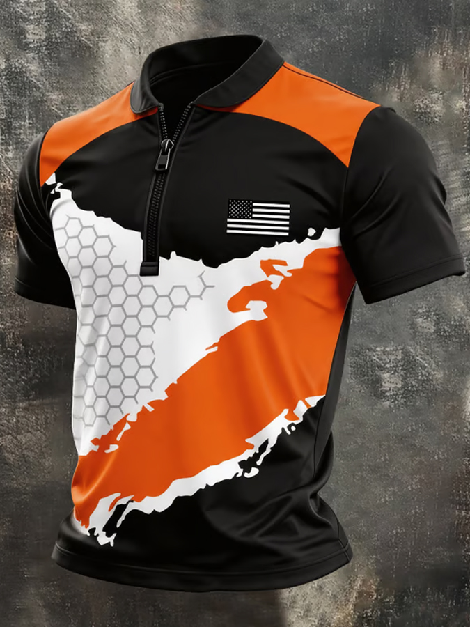 Men'S Retro American Flag Zipper Short Sleeve Polo Shirt