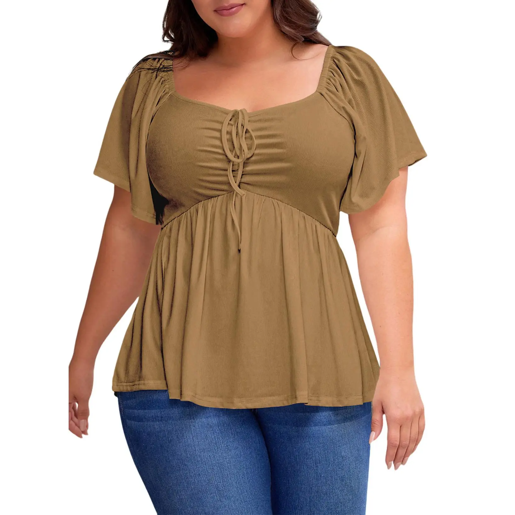 Women Sweetheart Neck Short Sleeve Shirred Peplum Rib Blouse Tops Shirts