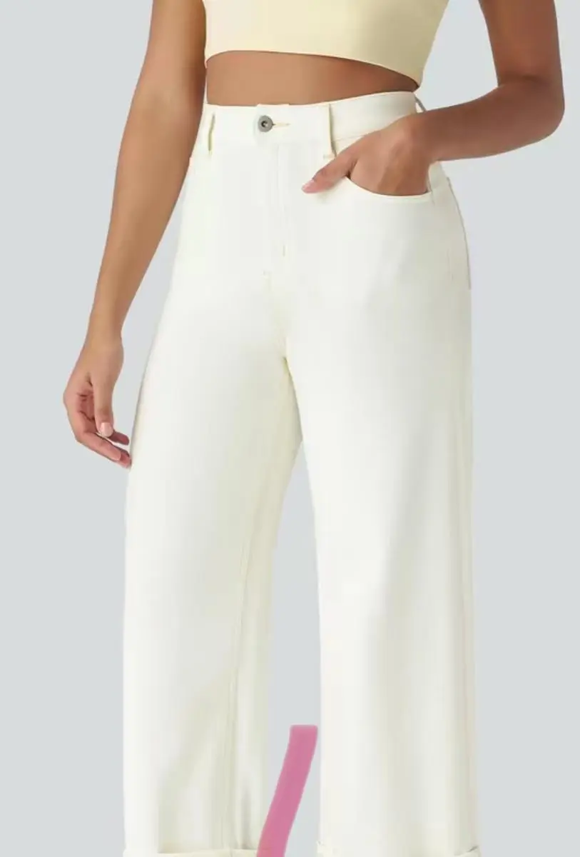 Womens Cotton Linen Pants Casual Button Up High Waisted Wide Leg Trousers Wideleg Loose Womenswear Apricot