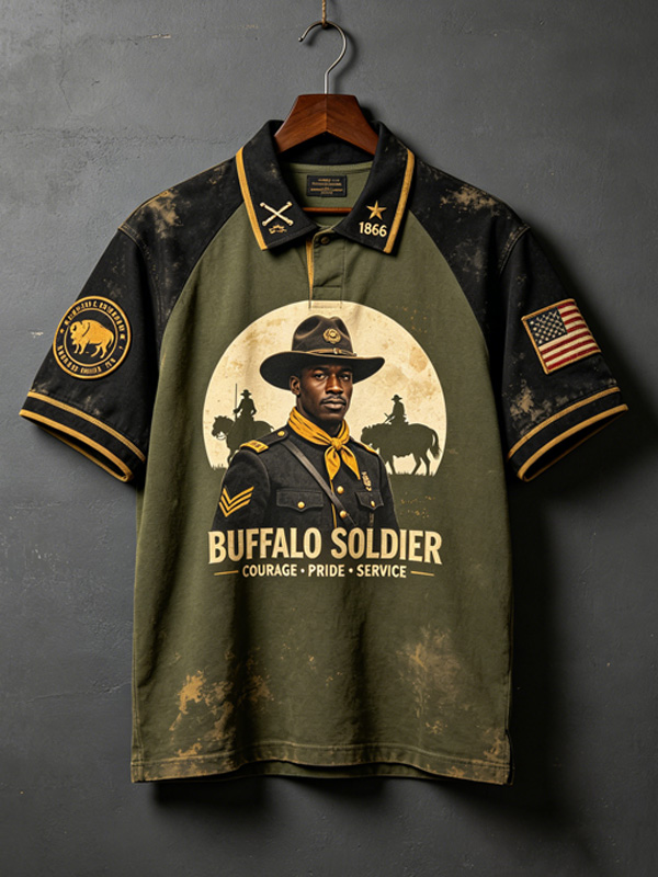 Men's Vintage Distressed Buffalo Soldier 1866 Graphic Print Polo Shirt
