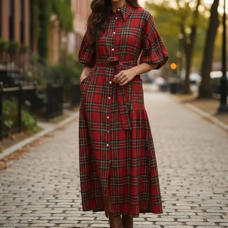 Christmas Womens Casual Button Down Shirt Dress