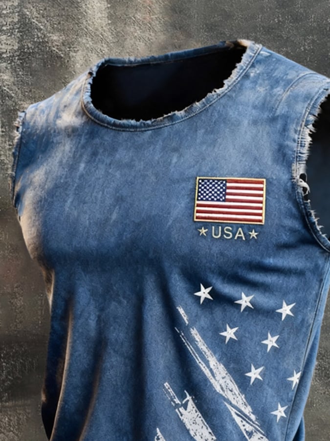 Men's Vintage Distressed Patriotic Independence Day Crew Neck Tank Top