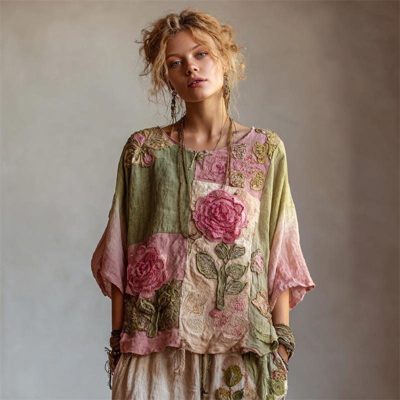 Vintage Pink Roses Cottagecore Patchwork Linen Tunic