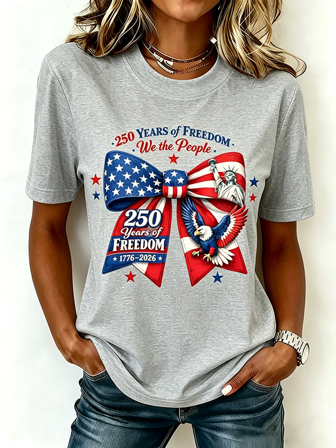 Ladies' Casual American 1776-2026 Anniversary Celebration Print Round Neck T-Shirt