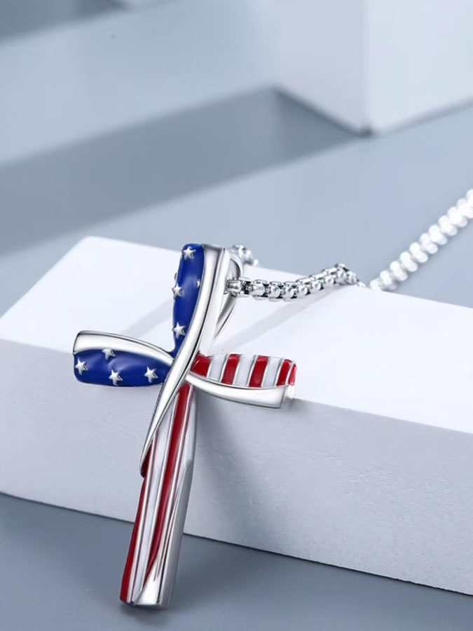 Men'S And Women'S 20-24 Inch Independence Day Cross Necklace, American Flag Pendant