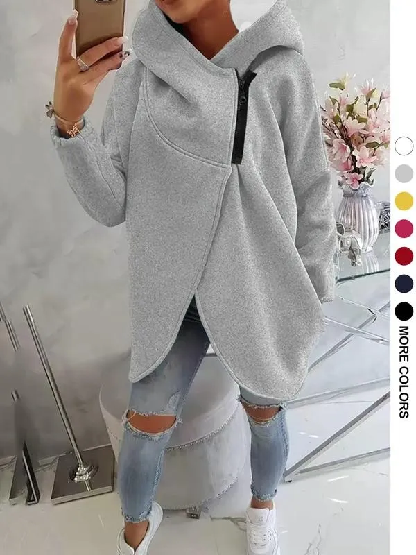 Women's Plus Size Hooded Sweatshirt, Full Zip Fashion Design, Asymmetrical Hem