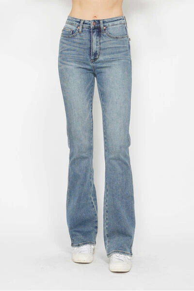 Blue Full Size Tummy Control Back Embroidered Pocketed Bootcut Jeans - Multiple Lengths