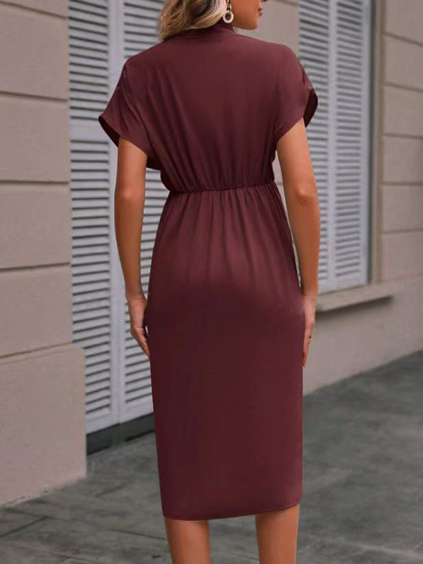 Knot Pleated Solid Color Split-Front High-Low Loose V-Neck Midi Dresses