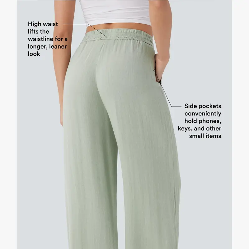 [Creator's Pick] High-Waisted, Drawstring, Pocketed, Wide-Leg Casual Trousers (Faux Linen)