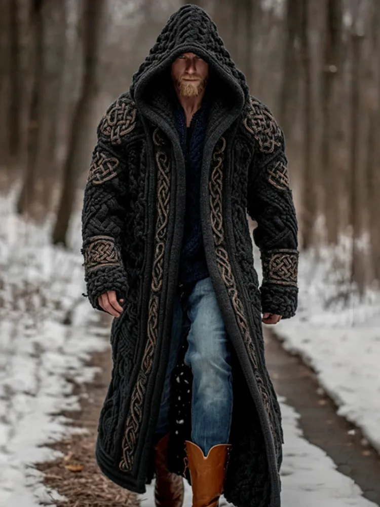Men's Viking Celtic Knot Art Pocket Mid-length Cardigan Sweater