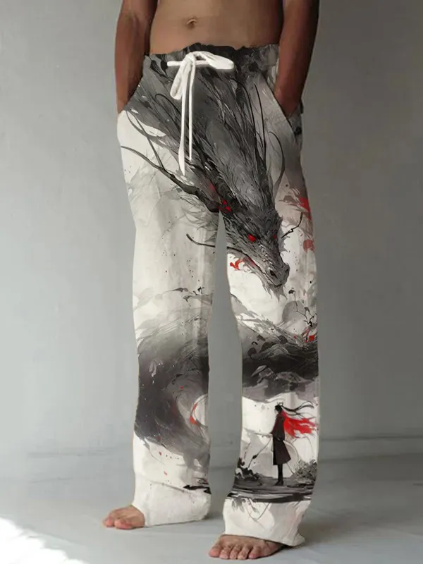 Men's Japanese Dragon Warrior Ink Art Print Casual Pants