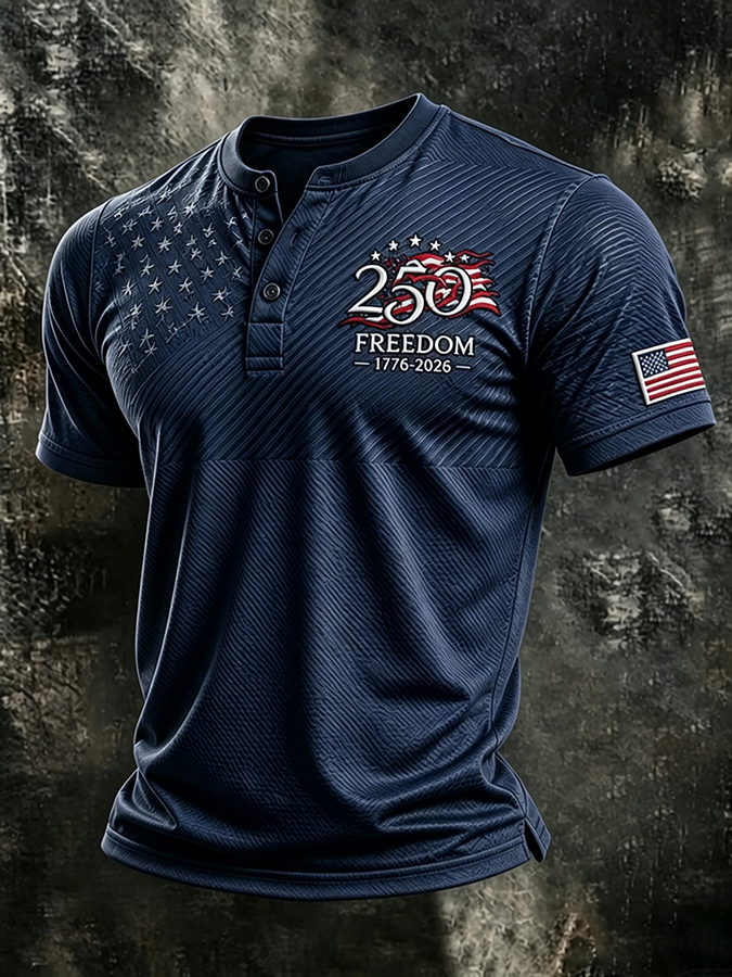 Men'S 250th Anniversary of the United States Print Casual Henry Collar Top