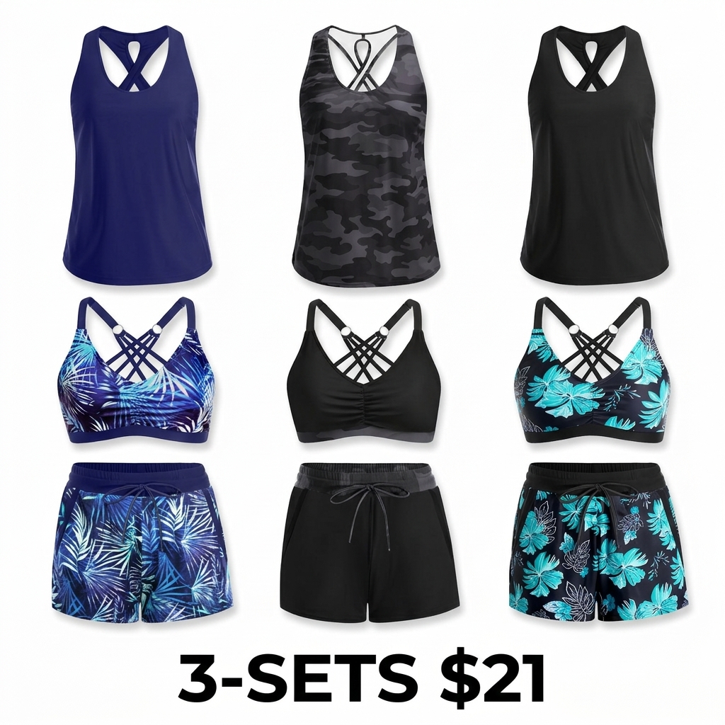 Women's 3-Piece Tankini with Swim Shorts – Modest Athletic Bathing Suit with Pockets