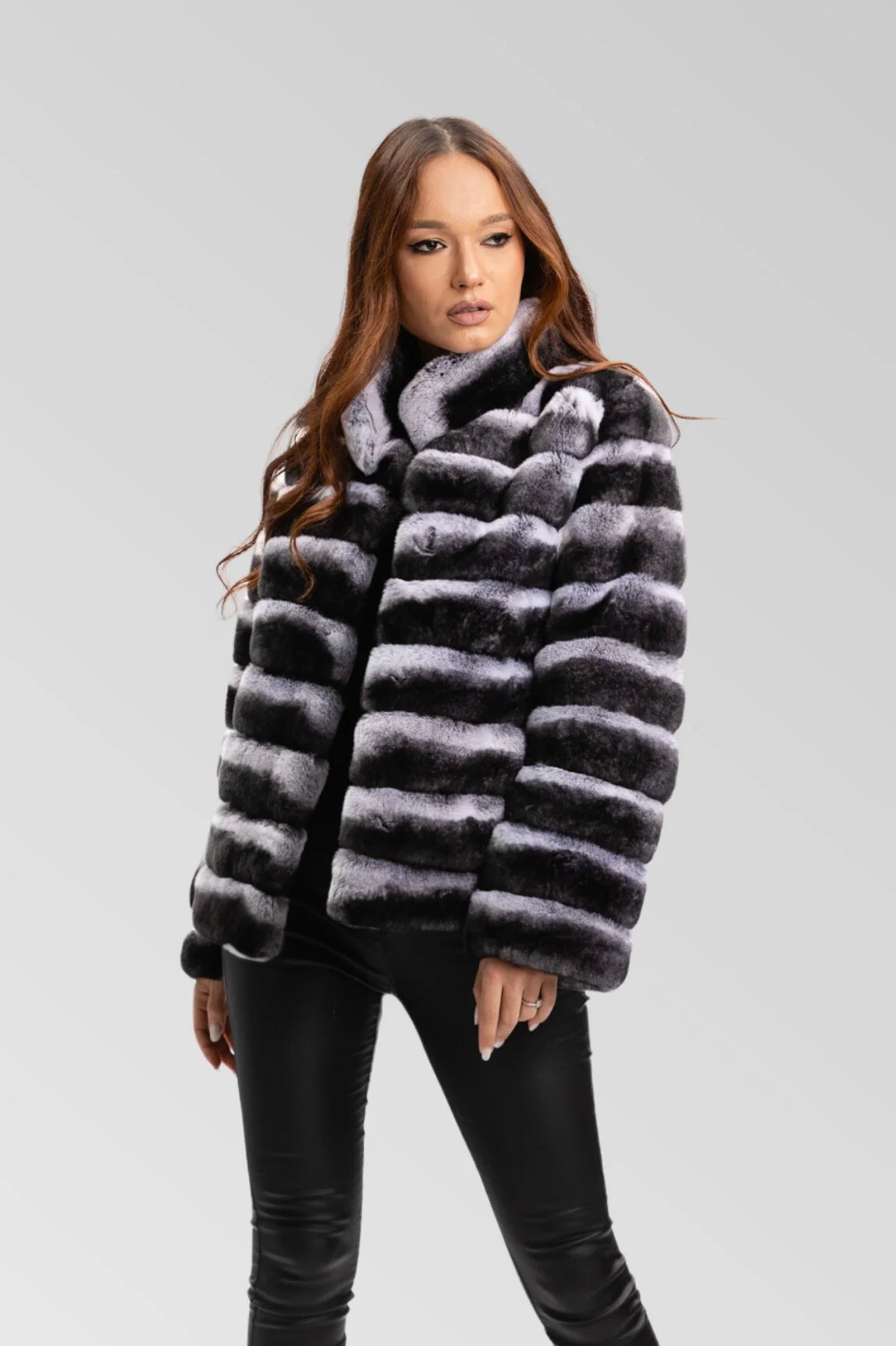 Haină din Blană Naturală de Rex Chinchilla, Guler Tunică, Femei, Silver Grey 180