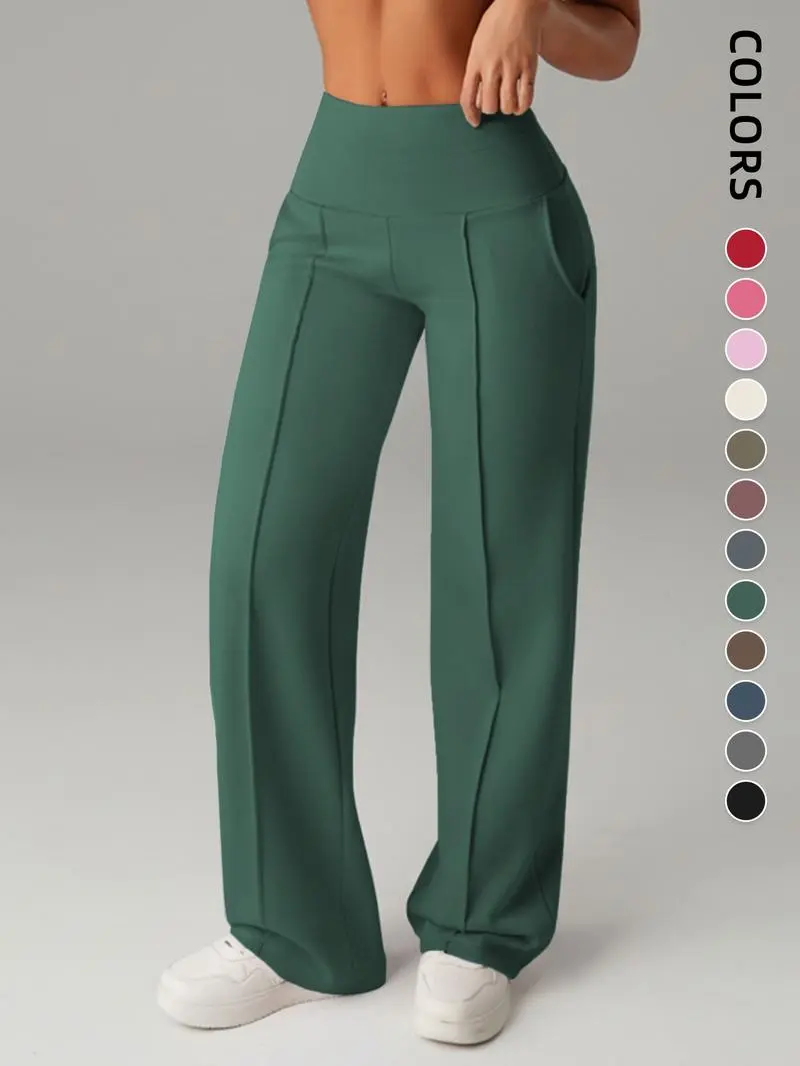 Women's Plain Loose Straight Leg Pants, Wide Leg High Waist Sporty Casual Sweatpants with Pockets
