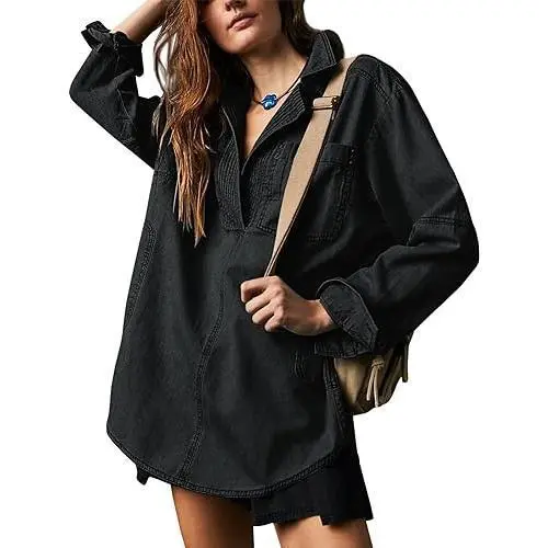 Women's Denim Pullover Casual Loose Fit V Neck Blouse