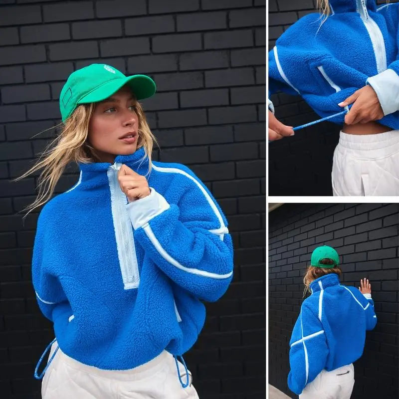Women's Half Zip Sherpa Fleece Color Block Pullover Soft Oversized Sweatshirt