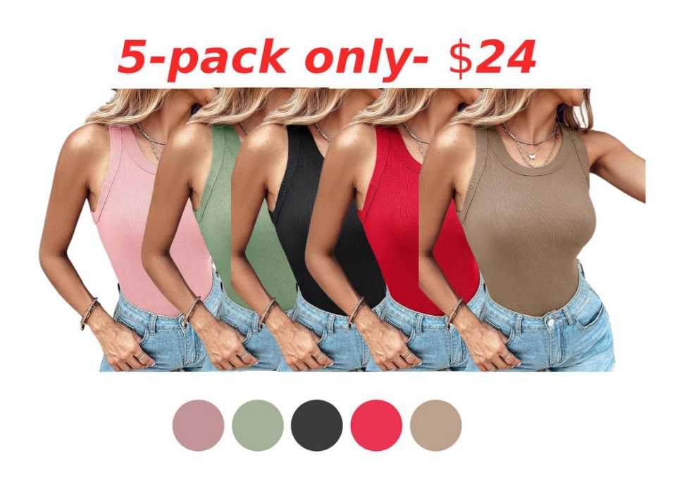 ⚡ Women's Built-In Bra Ribbed Tank Top (5 Colors Set) 🔥
