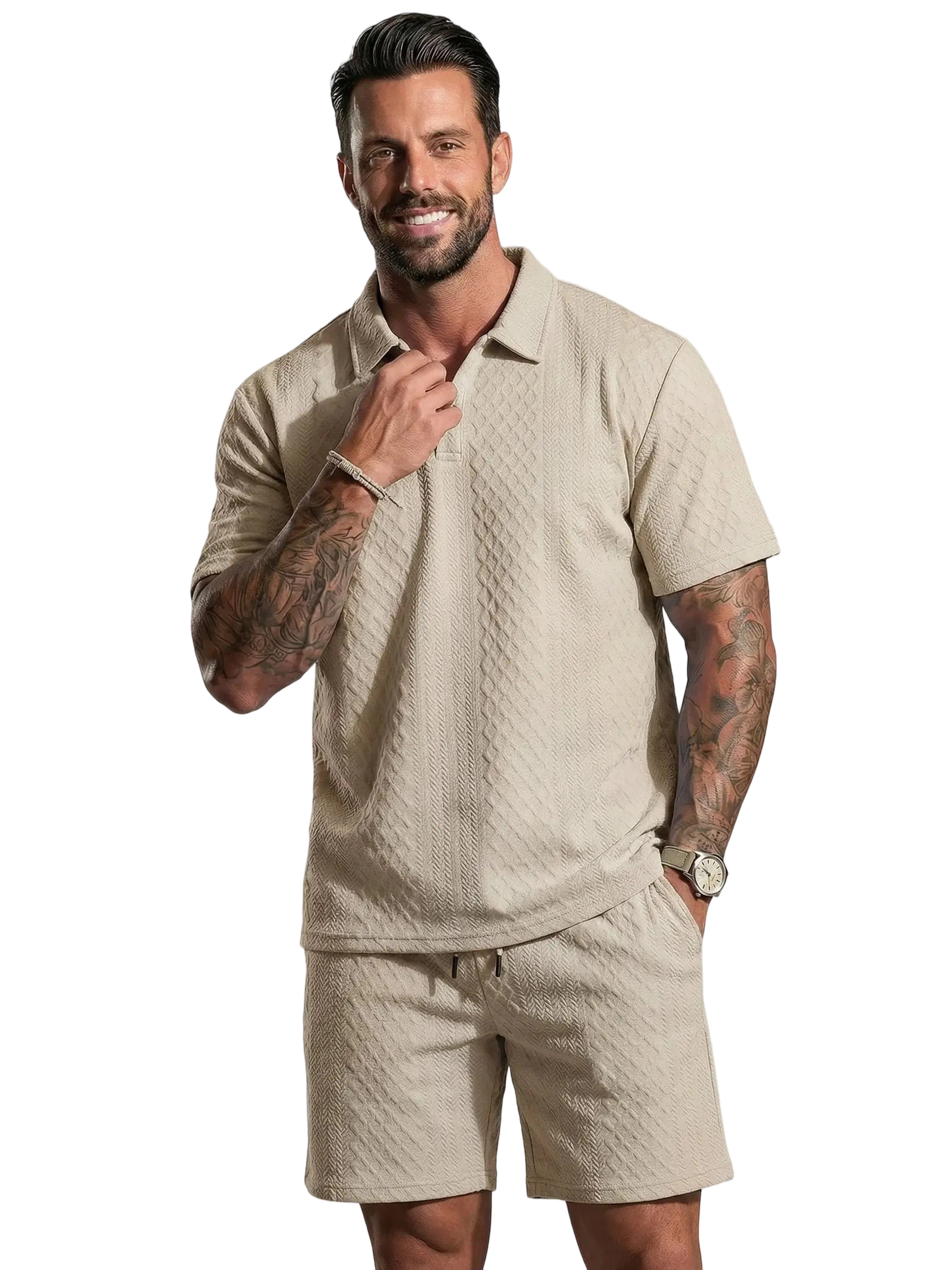 Men’s Polo Shirt & Drawstring Shorts Set – Breathable Casual 2-Piece Outfit