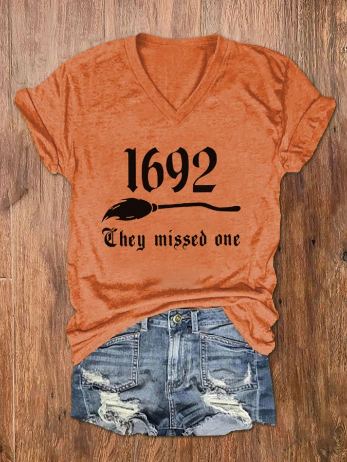Women's 1692 They Missed One Salem Witch Print V-Neck T-Shirt