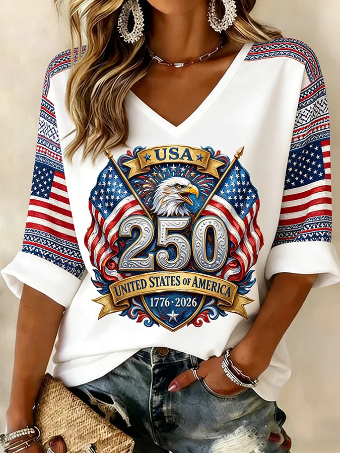 Ladies' Casual American 250Th Anniversary Celebration V-Neck Half Sleeved T-Shirt