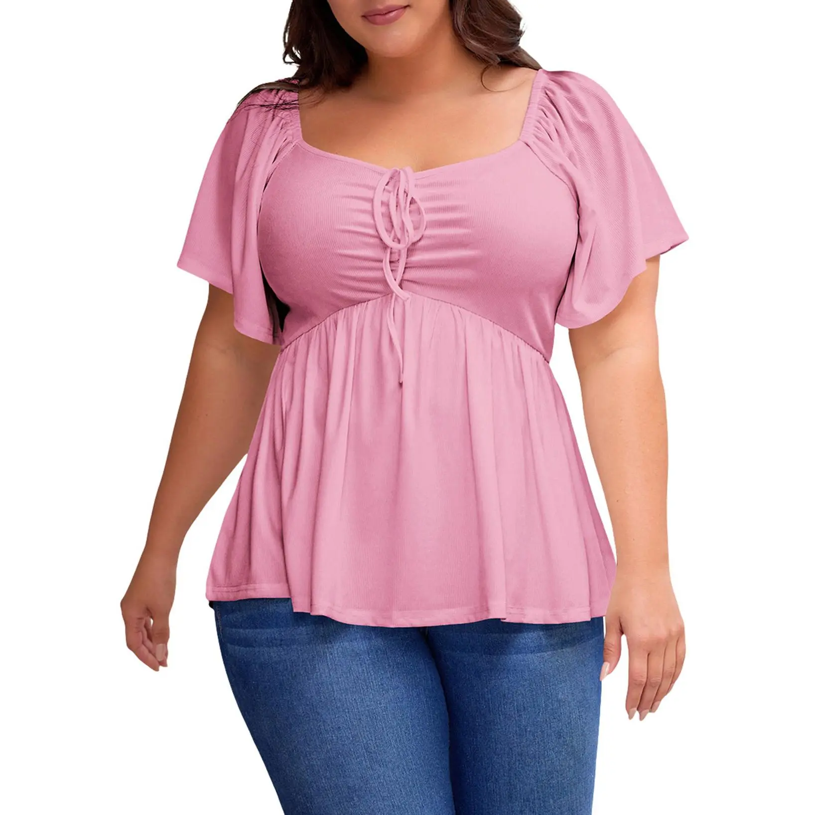 Women Sweetheart Neck Short Sleeve Shirred Peplum Rib Blouse Tops Shirts