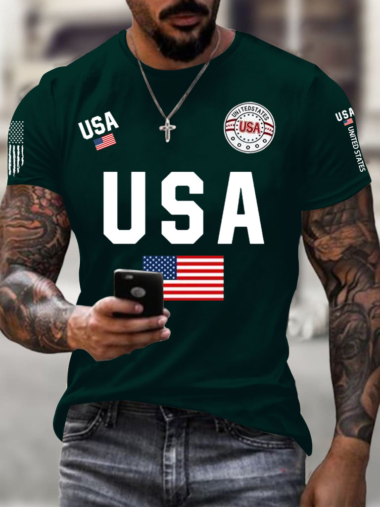 Men'S Classic Short Sleeved T-Shirt With American Flag Print