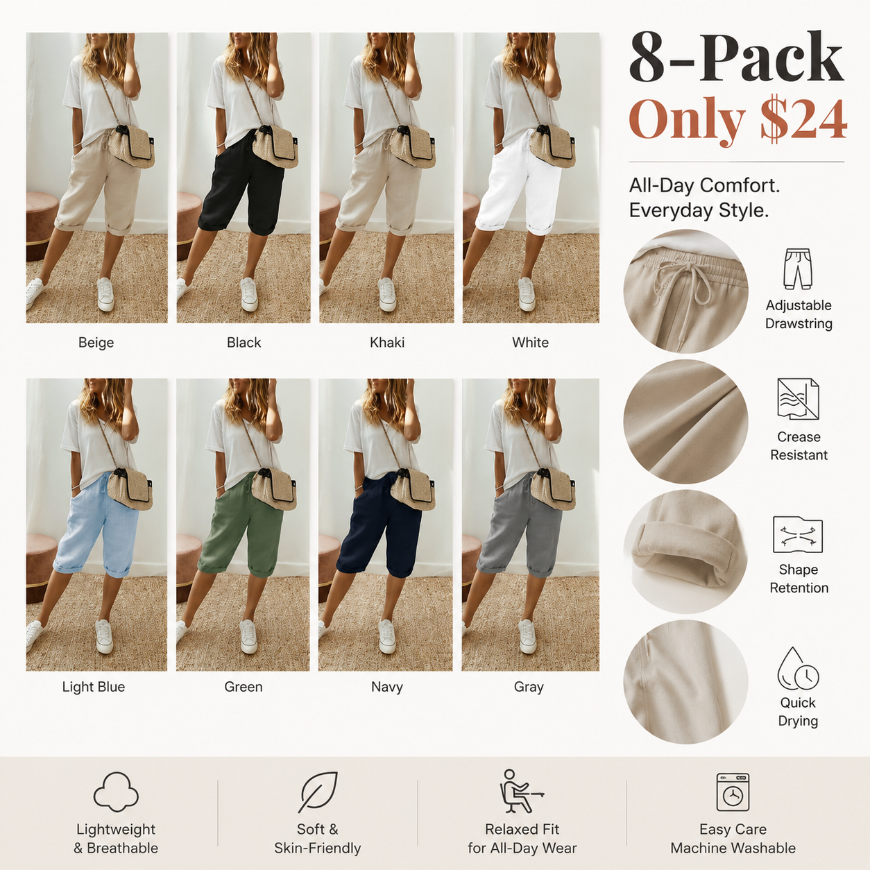 👖 LIMITED-TIME 90% OFF! ✨ Women's Cotton Linen Capris – Loose, Cropped, Rolled Cuff, Pockets 🌿