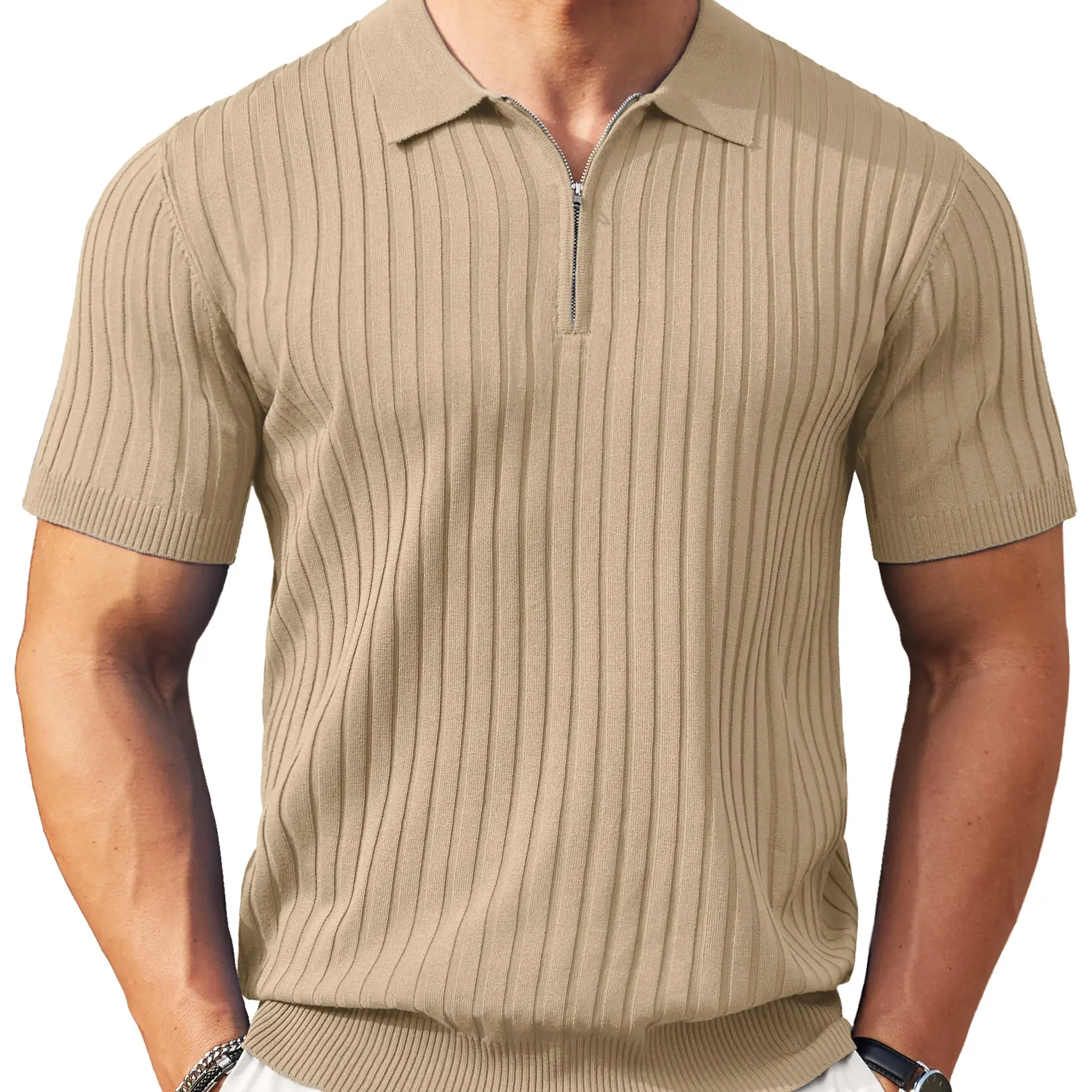 New York Fashion Week Men's Zipper Polo Shirts Short Sleeve Ribbed Knit Polo T Shirts