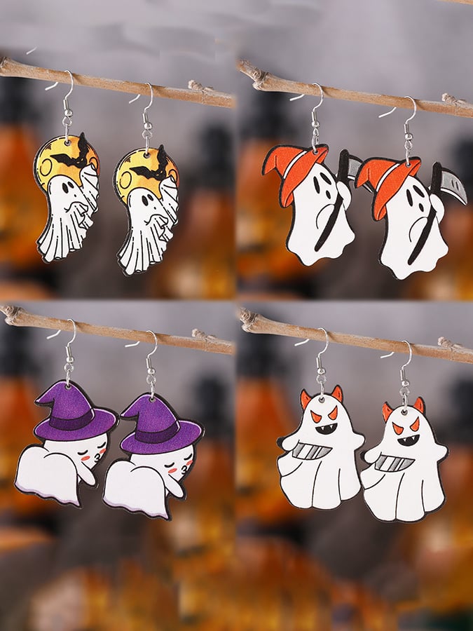 Halloween Funny Ghost Pendant Wooden Double-Sided Earrings