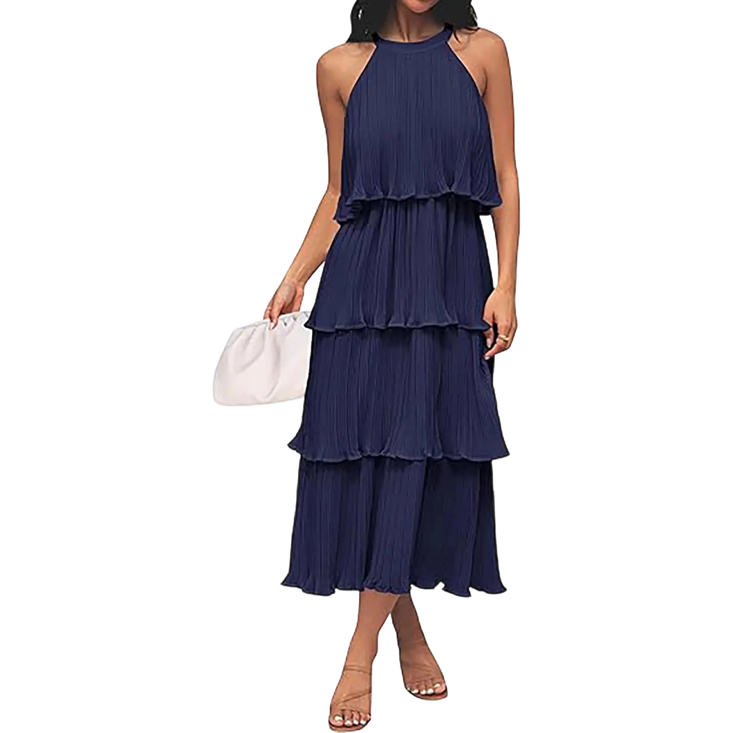 Women's Halter Neck Tiered Ruffle Chiffon Midi Dress
