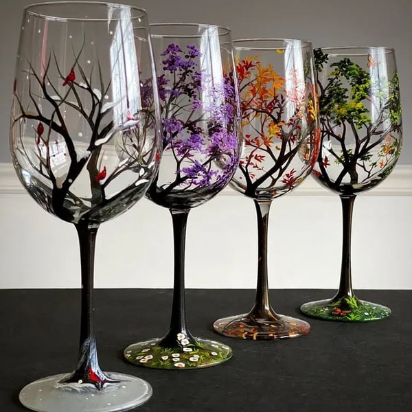 Hand Painted Art - Four Seasons Tree Wine Glasses