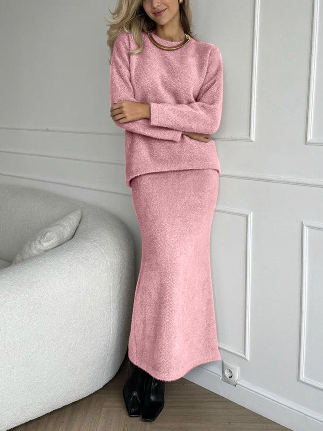 Round Neck Dropped Shoulder Top And Midi Skirt Sweater Set