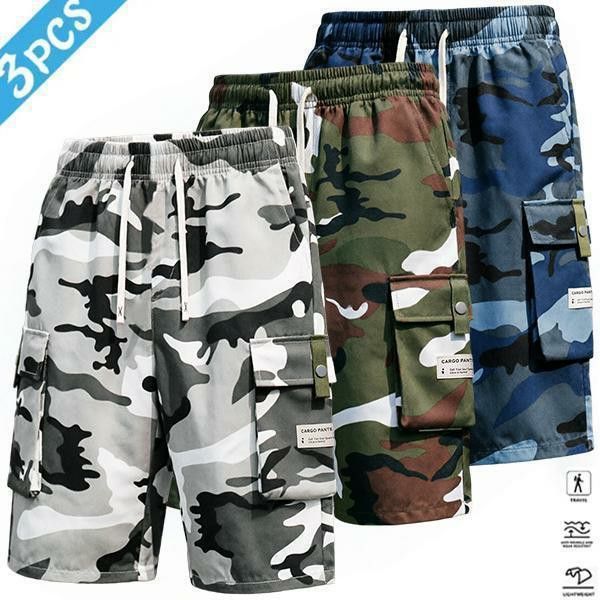 Men's 4-Piece Camo Cargo Capri Pants – Multi-Pocket, Drawstring Waist, Casual Streetwear