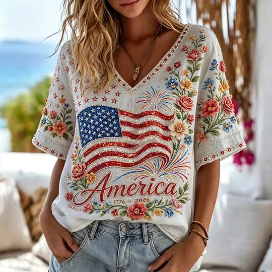 Women's Independence Day Flag And Floral Print Cotton Linen V-neck Short Sleeve Top