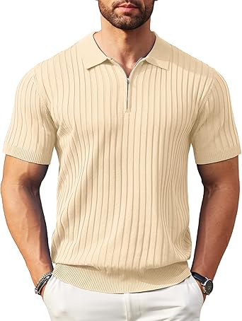 Men's Zipper Polo Shirts Short Sleeve Ribbed Knit Polo T Shirts