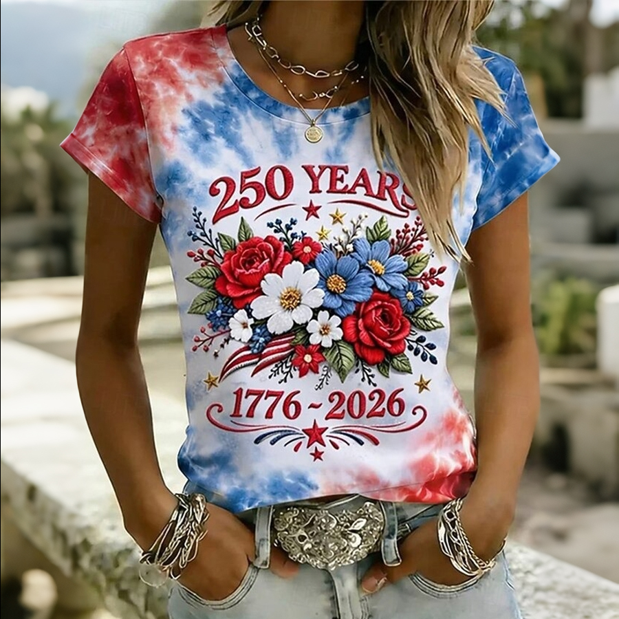 Ladies' Casual US National Day Celebration Floral Tie Dye Printed Round Neck T-Shirt