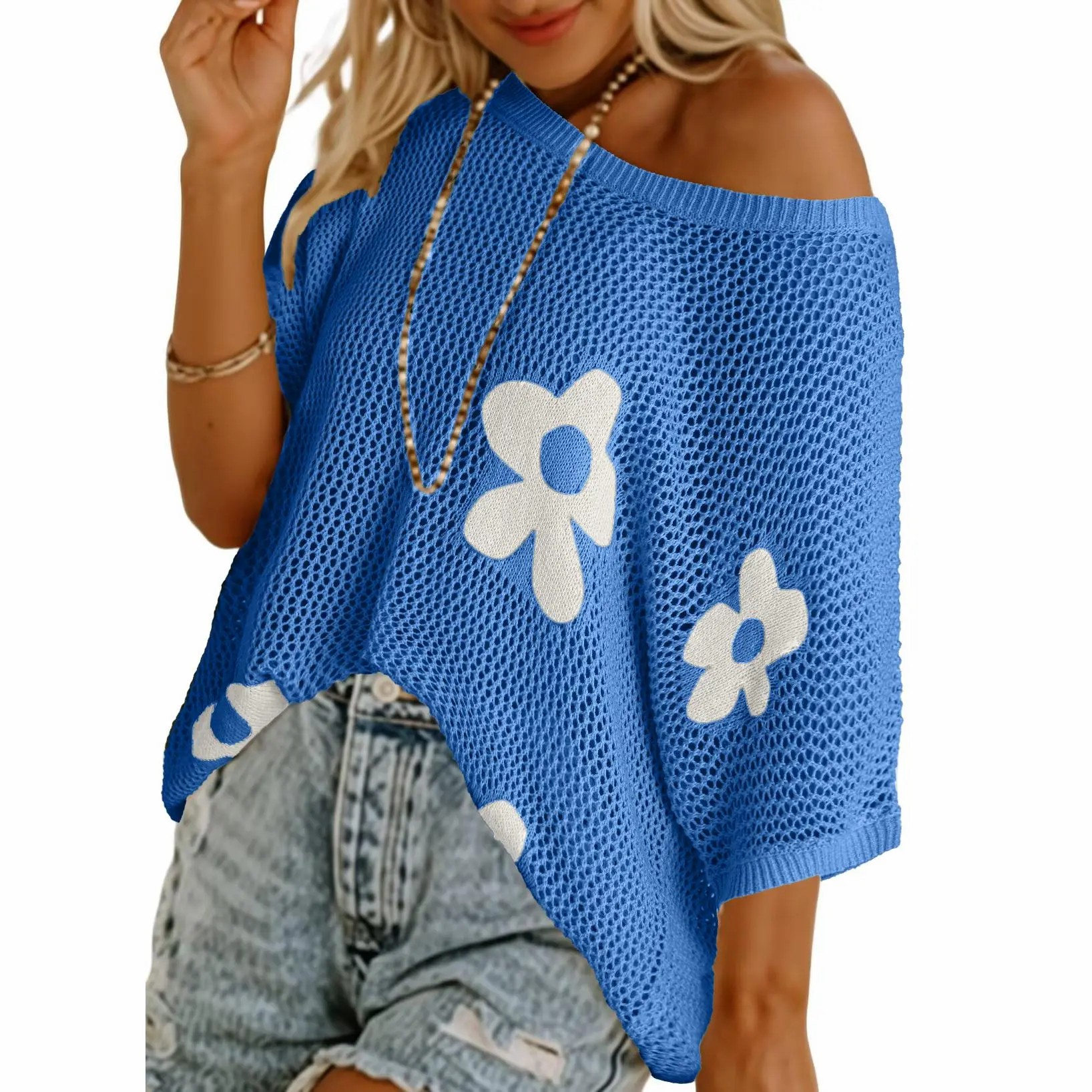 Women's Floral Crochet Sweater – Short Sleeve Lightweight Knit Beach Cover Up