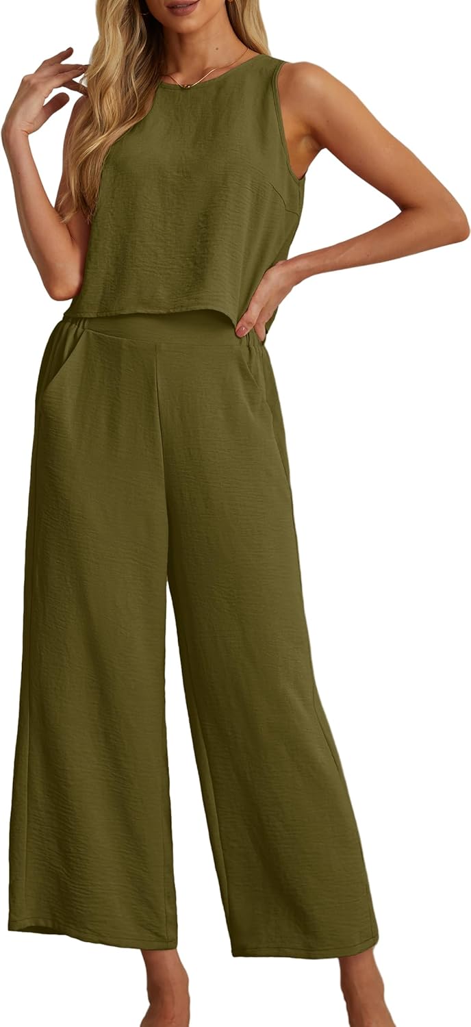 Women's Summer 2 Piece Outfits Set Round neck Sleeveless Tank Crop Top Wide Leg pants Set Pockets Jumpsuits