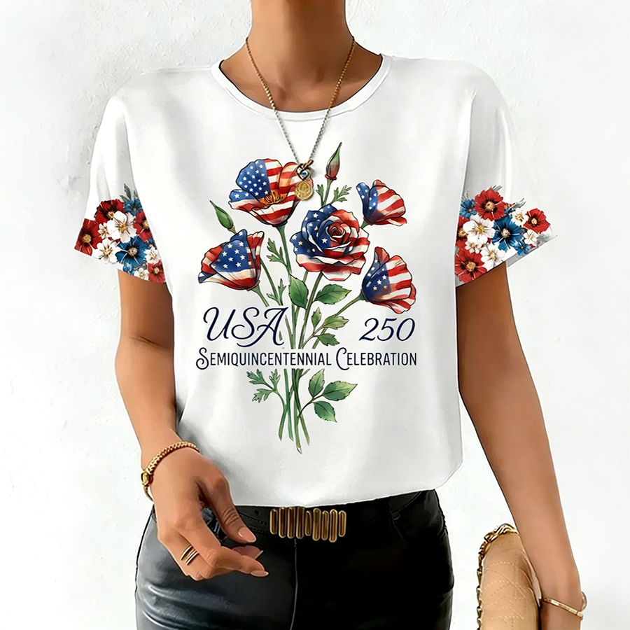 Women'S Casual Floral 250Th Anniversary Celebration Printed Round Neck T-Shirt In The United States