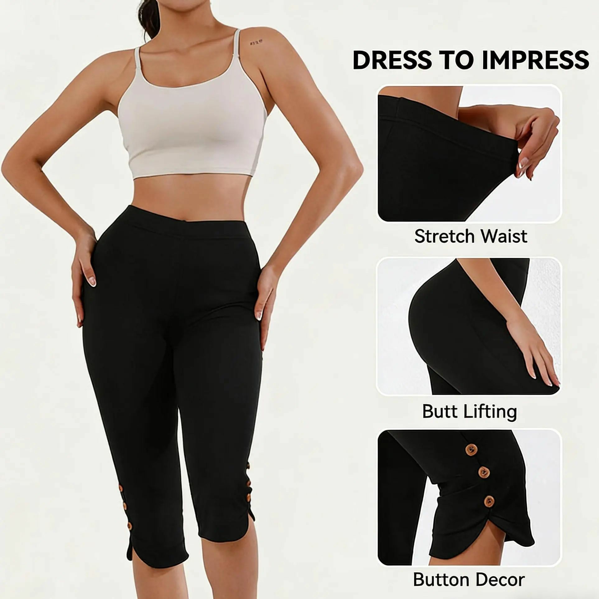 Women's High-Waisted Slimming Yoga Pants 9-Pack Butt-Lifting 4-Way Stretch Silky Soft 7/8 Length Button Detail for Workouts