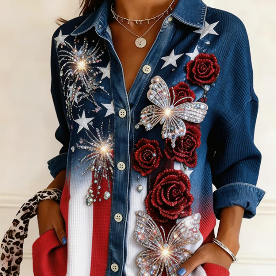 Women's 250th Anniversary Commemorative Butterfly Rose Glitter Printed Shirt